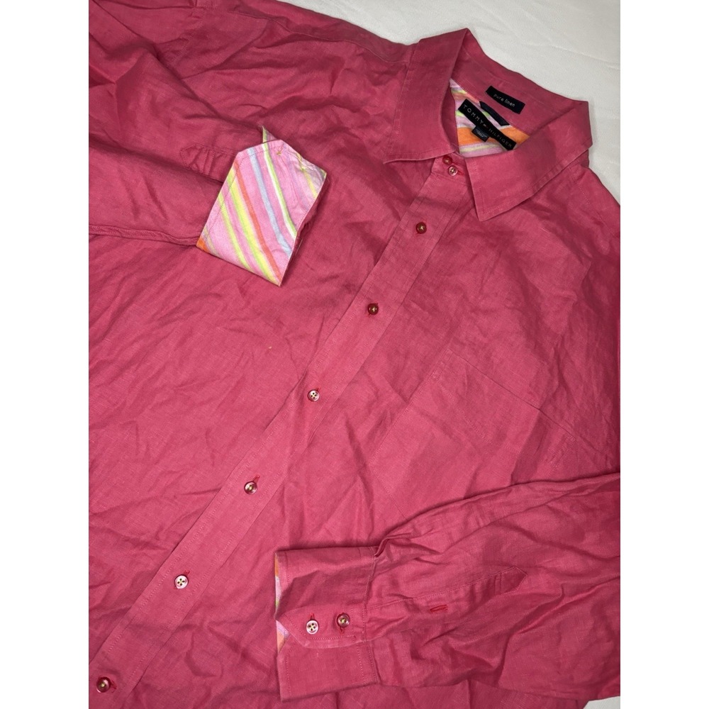 TOMMY HILFIGER Vintage 2XL Pure Linen‎ Chambray Button Up Shirt Pink Flip Cuff
